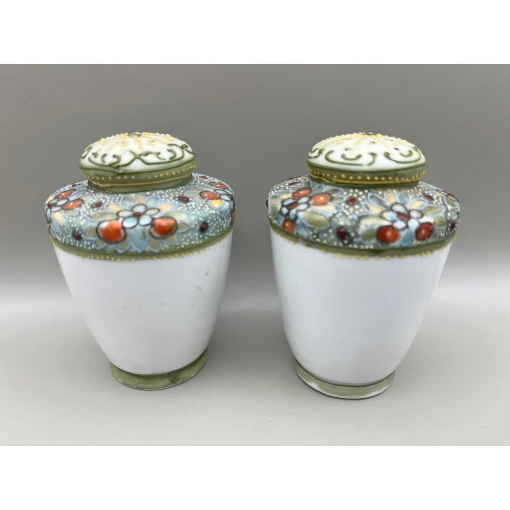 Vtg Porcelain Moriage Hand Painted Salt and Pepper Shakers Floral Green 3
